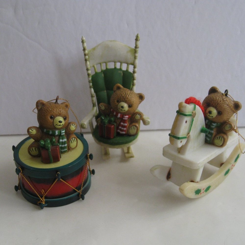 Vintage Teddy Bear Christmas Ornaments Mini Rocking Chair, Drum, Horse Set of 3